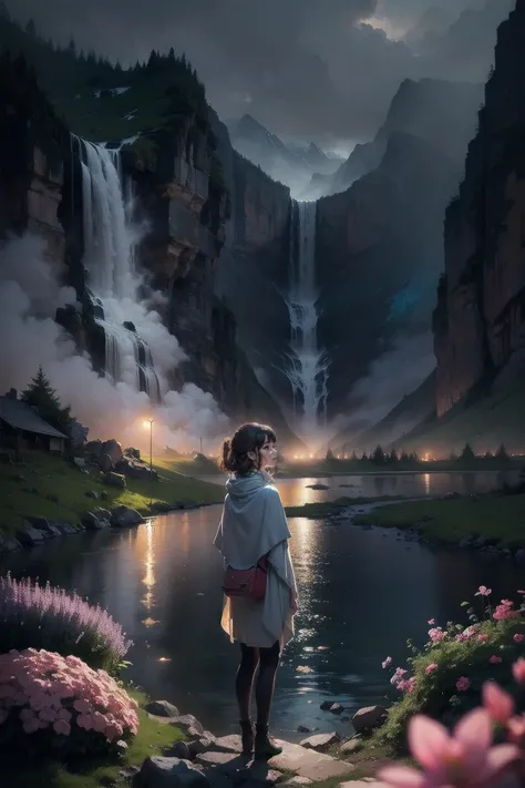 Detailed full body portrait of a lonely traveler woman wearing a travel poncho, surrounded by nature, mountains, valleys, streams, waterfalls, lights and flowers, highly detailed, 8K, surreal, cinematic lighting, dramatic , Moody, Atmospheric, Beautiful, F...