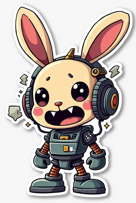 rabbit head cartoon, crazy emotion, sticker style, robotic head, mechanical head, side view