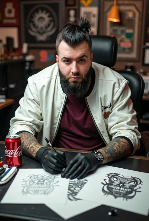 35 year old man, tattooed,  shaved hair sides at 2 and toupé ,  Nike brand white bomber jacket   ,    burgundy t-shirt brand Raval   ,  black gloves, sitting,  on the desk several sheets with tattoos drawing,  right hand a pencil ,  a Coca-Cola from the ca...