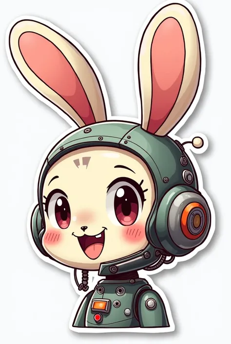 rabbit head cartoon, cute and crazy emotion, sticker style, robotic head, mechanical head, side view