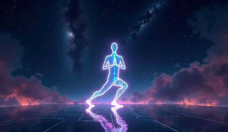 A blank strokes person doing yoga. It is a transparent person, but it emits a neon light. In the background, we see a galaxy. A black light illuminates the entire scene.