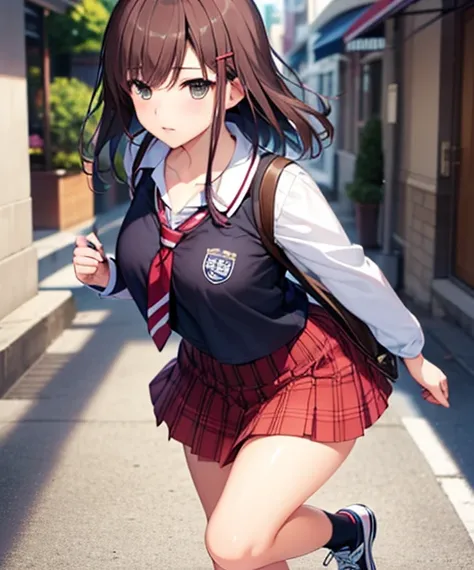  1 girl , Adult female,Hatsukoi 1 /1, Maya Tokizaki ,Brown Hair, shoulder length hair,Straight Hair,split bangs ,Green Eyes,clavicle,chest,(white long sleeve t-shirt,black school vest ,red border tie,, red check skirt,White socks, black sneakers,navy blue ...