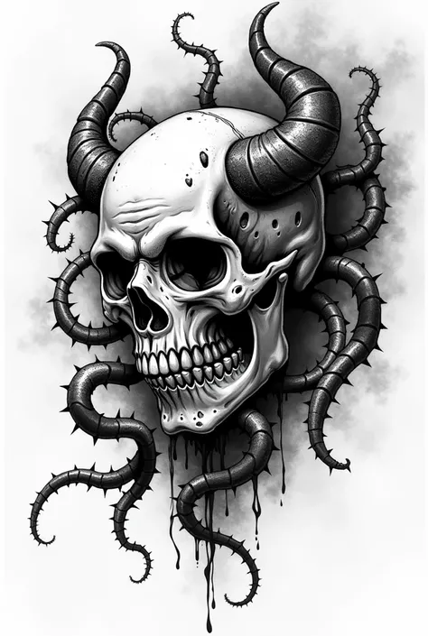 Create a design of a skull with tentacles,  in black and white , pronounced shadows, tips and spikes  ,  with holes and horror aesthetics , to tattoo illustrative horror design with small horns