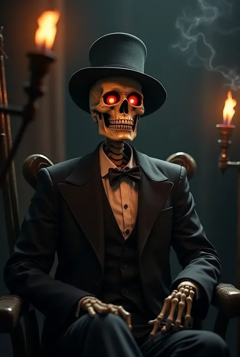 Can you help me create an image of a skeleton in a suit and hat telling a horror story with a torch