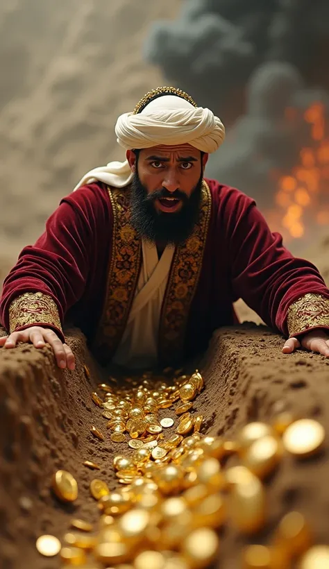 (photorealism:1.2),  young jewish man , usia 30 tahun,  maroon color velvet robe embroidered in gold, white turban , face down on the floor , half of his body was buried in dirt and an immense pile of gold,  facial expression of fear ,  hands reaching up ,...