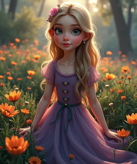 a cute pixar style girl, beautiful detailed eyes, beautiful detailed lips, extremely detailed face, longeyelashes, 1girl, digital art, 3d render, vivid colors, soft lighting, warm tones, cinematic composition, whimsical, magical, fantasy, dreamlike, high q...