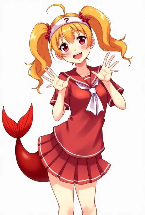  Beautiful Girl Anime Character,  no background , whole body, Pigtails,  Mesgaki ,  red eyes, Light Orange Hair ,  Red Fish Tail ,  s ,  question mark headband ,  smiles ,  playful expression, Red sailor suit ,  3 character, High quality,  concept art ,  M...