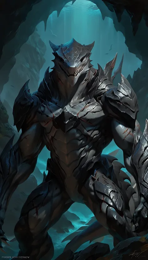 sharkfolk, anthro shark, solo, portrait, scaly, detailed skin, in motion, experienced predator, monster, grin, bio armor, mcnm, gray body, black arms, matte body, toned, muscular anthro, big pectorals, big muscles, scars on body, 1male solo, anthro, muscul...