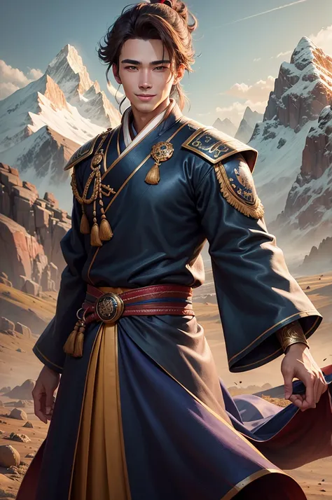 20 year old handsome young man, confident smile, battle fighting, volumetric lighting, 8k resolution, photorealistic, ultra-high quality, opulent detailed background, medium length dark brown hair, messy ponytail, wearing dark blue hanbok clothes, mountain...