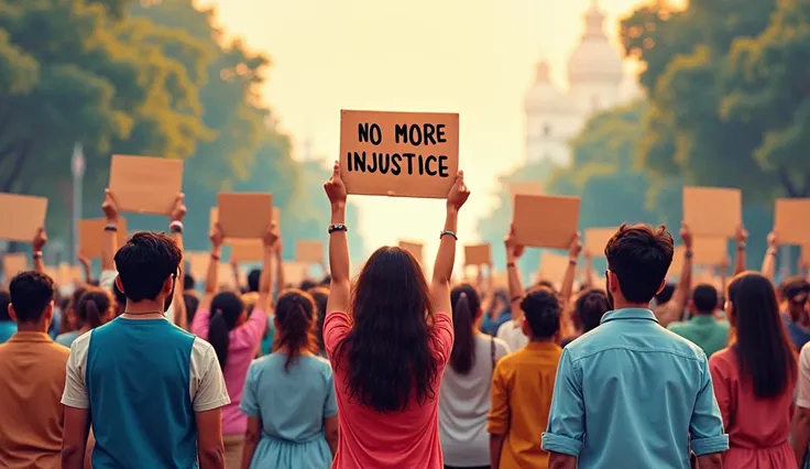 It will be collage of pictures of people facing the us protesting against injustice on the roads of an Indian city. They are holding placards where "No More Injustice" are written. Make the pictures symbolic illustrations not photographs.