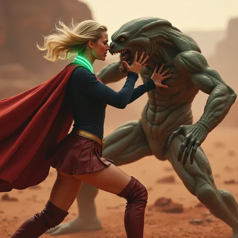 Melissa Benoist as Supergirl, face of Melissa Benoist, Supergirl is fighting with a huge body Alien Monster and standing in front of her, the Alien Monster is squeezing her body tightly, Whole body, Supergirl is wearing a red leather fabric skirt:1.8, red ...