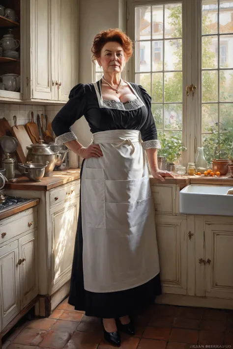 Full body shot of A voluptuous buxom 66 years old mature Victorian widow standing in front of a window in her kitchen, black dress, white apron good big breasts, very big breasts voluptuous, curvy, plump, Auburn haired, mature face, by Jean Béraud, inspire...