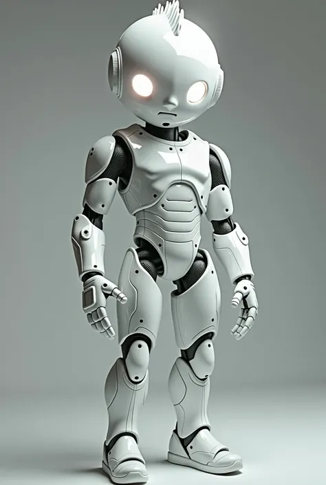  A realistic humanoid Android, muscular, with a hard mechanical cock , standing,   suggestive look at the camera , all white, white hair, all white skin, bright white eyes