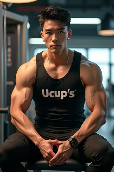 man, young, Korean, handsome, muscular, black singlet, Ucups name on the singlet, gym pants,mens earrings next door , sports watch, sitting, gym background