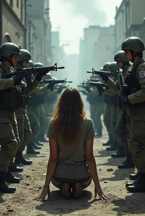 A  group of fmale soldier pointing their rifles at a female in knees surrendering with hands up