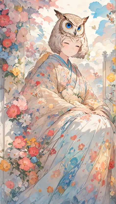 (((Simple configuration)))、((( Background is a white wall:1.2)))、 one girl、owl，  perfect anatomy sitting on a penis 、Picturesque、sketch、 very delicate 、Cloud-like wall、、 floral、 delicate depiction 、Abstract、Overall bright color、Gentle colors、kimono、 Taisho...