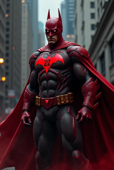 Batman in red with the ZeZ logo on the chest