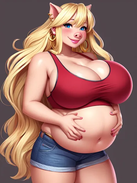 Blonde pig woman, wearing a red crop top and jean shorts, perfect face, blue eyes, cleavage, big belly, three-quarter view, solo, smile, perfect detailed body, pink lipstick, gold earring, blushing, self groping belly, Long Hair, Large breasts, Blonde Hair...