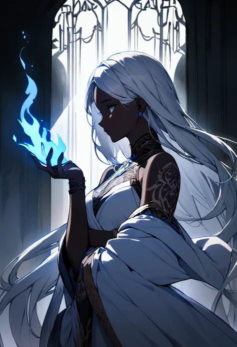 "Create a highly detailed animated rendering of a female character with a full side profile pose. She has flowing silver hair and striking silver eyes, exuding an air of mystery and power. Her ebony skin contrasts beautifully with the intricate runic tatto...