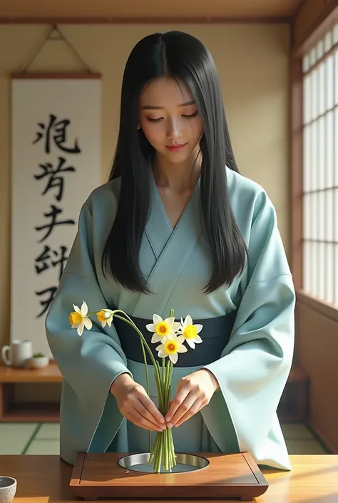  Realistic Pictures、 woman wearing light blue kimono、 black hair、 summary hair 、 doing ikebana 、Tatami room、hanging scroll、Chifang、Daffodil flowers、2 sticks 、 fresh flower straight body 