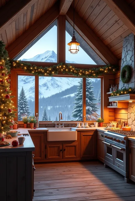 a background in a kitchen of a Christmas cabin in the mountains