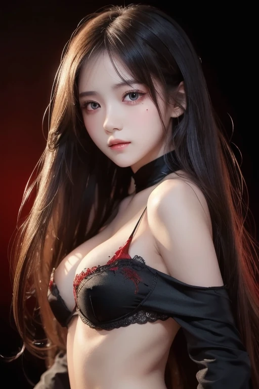 ((  Masterpiece  , top quality)), 1 girl ,Beautiful detailed eyes ,  detailed face , (whole body:1.2),  White Long Hair , red eyes, small breasts, ( black background:1.2), Blood particles, face with shadows  