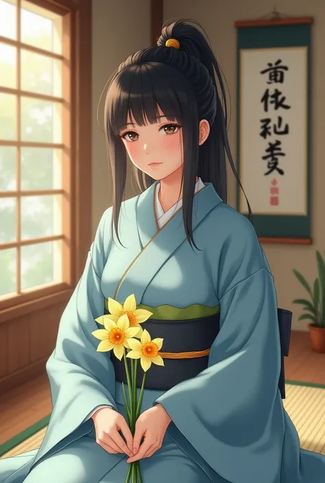  Realistic Pictures、 woman wearing light blue kimono、 black hair、 summary hair 、 doing ikebana 、Tatami room、hanging scroll、Chifang、Daffodil flowers、2 sticks 、 fresh flower straight body 非常に詳細, Overlooking, 