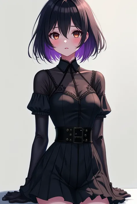 a beautiful anime girl, Short black hair half purple ,  dark brown eyes,  medium boobs,  gothic black clothes student ,  boots with heels introverted and happy very passionate.