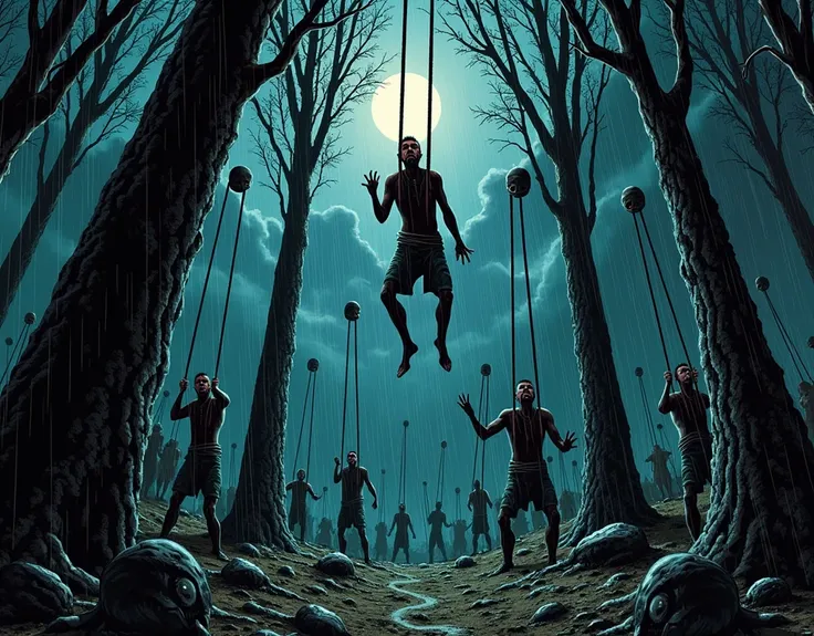  Comics-style image. (Image of mysteries )  a very dark forest , At night and raining ,  among the trees there were many men tied between the trees screaming,  you could see Viking heads falling on the trees . 