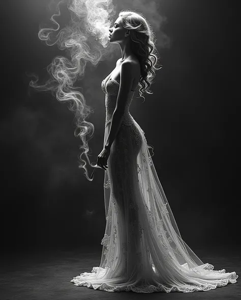 Create a whimsical and artistic scene featuring a single gorgeous female like figure made entirely of smoke. This fine female made of all smoke should appear to be dancing gracefully off  the lips of a women exhaling smoke. The background should be a dark ...