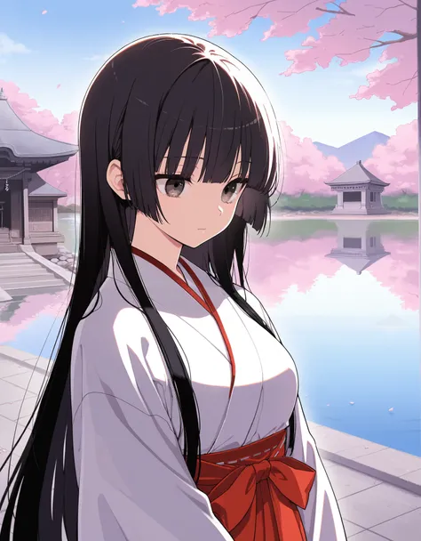 masterpiece, best quality, score_9, score_8_up, score_7_up, score_6_up, score_5_up, score_4_up, source_anime, 1girl, japanese, long hair, straight bangs, black hair, hazel eyes, wearing miko kimono, cherry blossom, lake, temple scenario