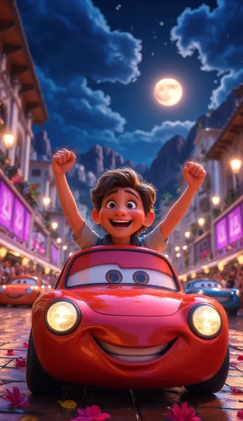        Generate an image of a boy   , brave , intelligent,        with hair shaved on the sides bowl-style       ,     light brown hair color    ,       smiling and driving Lightning McQueen with arms raised celebrating the victory.  Night race on the Mona...