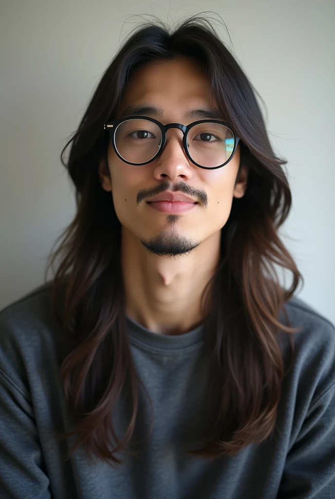 Photograph me my face is thin, 22 years old, I have very long hair ,  my hair is straight , I am Japanese , I wear glasses , I have 1,80 tall ,weight 60 kg, Im a man ,  I wear a mustache and beard  ,  I have a ray earring  ,  my glasses the lenses are roun...