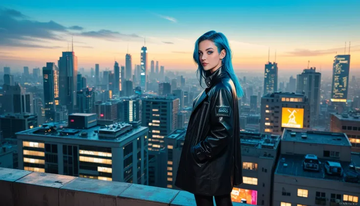 A young cyberpunk woman with neon blue hair, wearing a long black coat, augmented reality interface in her eyes, standing on a rooftop overlooking a futuristic city, ultra-HD, cinematic lighting.