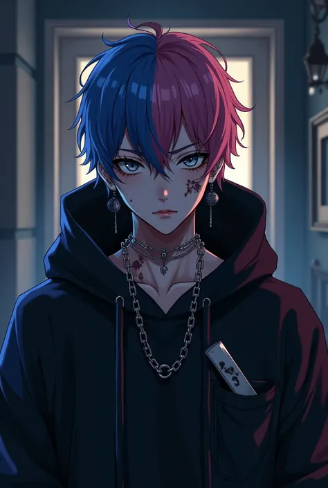 Boy. Man. Anime. Realistic. Bruises. Darkcircles under eyes. Grey eyes. Mean eyes. Freckles. Blue and pink hair. Bicolored. short Bangs. Dark outfit. Lurking into a home. Knife in pants pocket. Night. Hoodsweater. Arrogant. Strict. Front view. Full view. S...