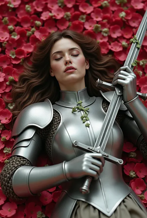  A female gentleman lying on rose petals with her loose wavy brown hair, with her eyes closed , and silver armor ,  in her hands her sword with vines  