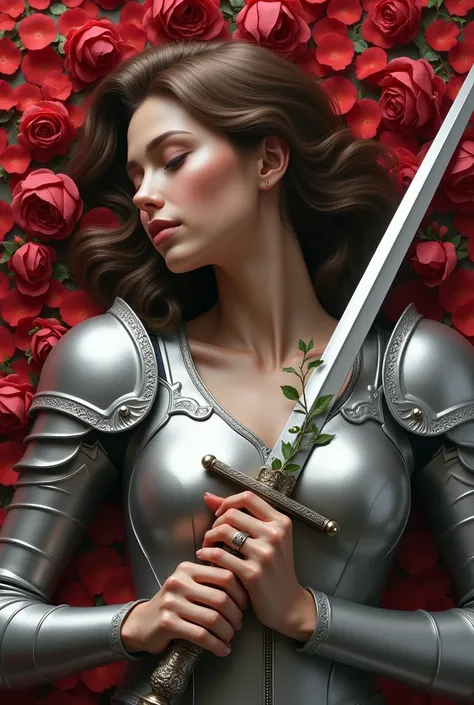  A female gentleman lying on rose petals with her loose wavy brown hair, with her eyes closed , and silver armor ,  in her hands her sword with vines  