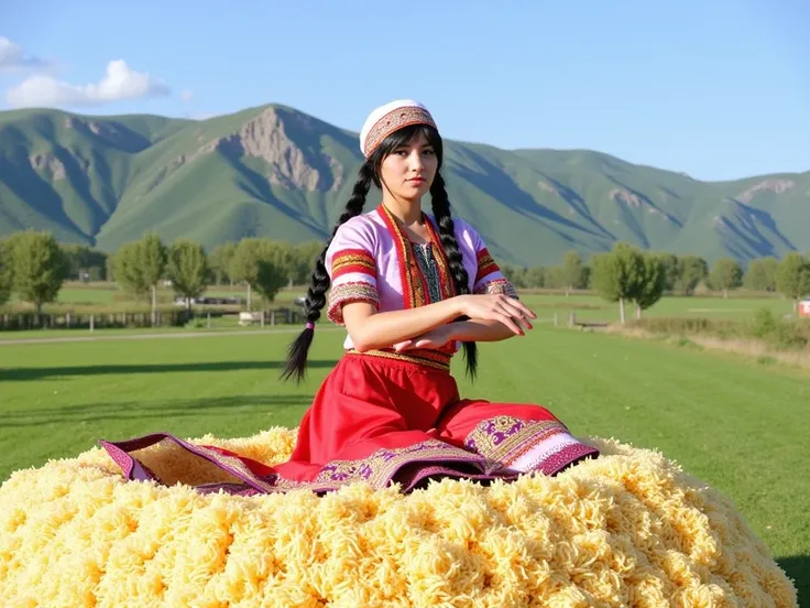 The 8k photo shows an ethnic Uzbek woman in her 30s with long black braids that fall freely on her shoulders, creating a sense of lightness and grace. She is dressed in colorful traditional Uzbek clothing and a skullcap decorated with intricate patterns an...