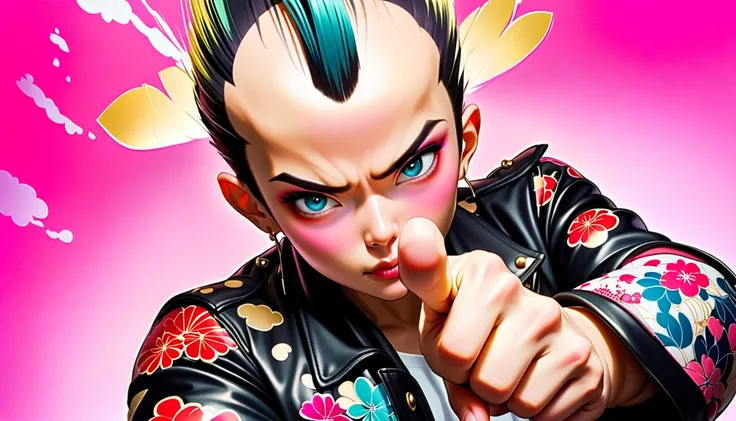 (((from above))), (((1 female))), (((Japanese pattern leather jacket))), (((Mohawk))),(((Finger guns))), Japanese style headphones, face close-up, front view,  beautiful girl, Black Hair, Delicate and precise,  Droopy eyes, round face, glare, Fuller lips, ...