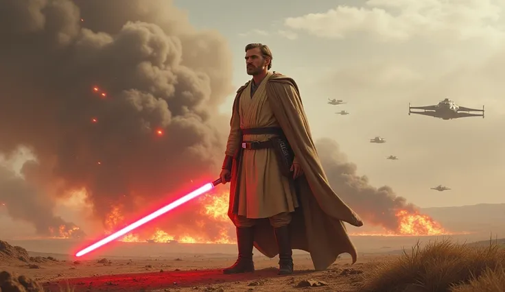 Star wars Obiwan KENOBI ready for war in battle field holding light saber, multiple spaceship crashing in background. 