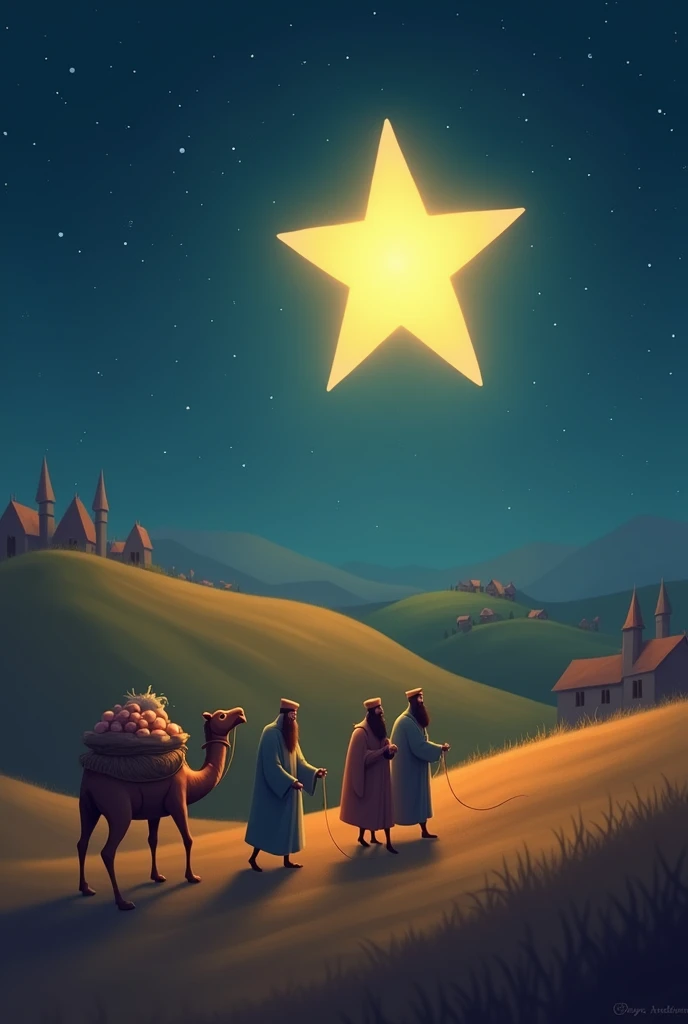 a star and 3 wiseman bringing gift, colour pallete warm and dark at night smooth and landscape orientation  make the star very close to the heads of the wiseman, make the wiseman small emphasising the scenery around it, make the 3 wiseman so small, they sh...