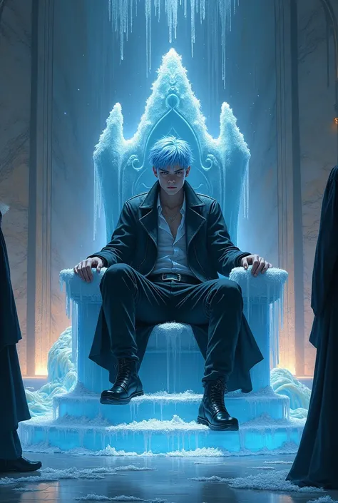 Dark Fantasy Style, Extremely Detailed, 1 male youth in a black marble palace, luxurious, mysterious, intimidating, frost blue hair, icy eyes, pale complexion, distant expression, reclining on a throne made of ice, the throne is on a central dias that shim...