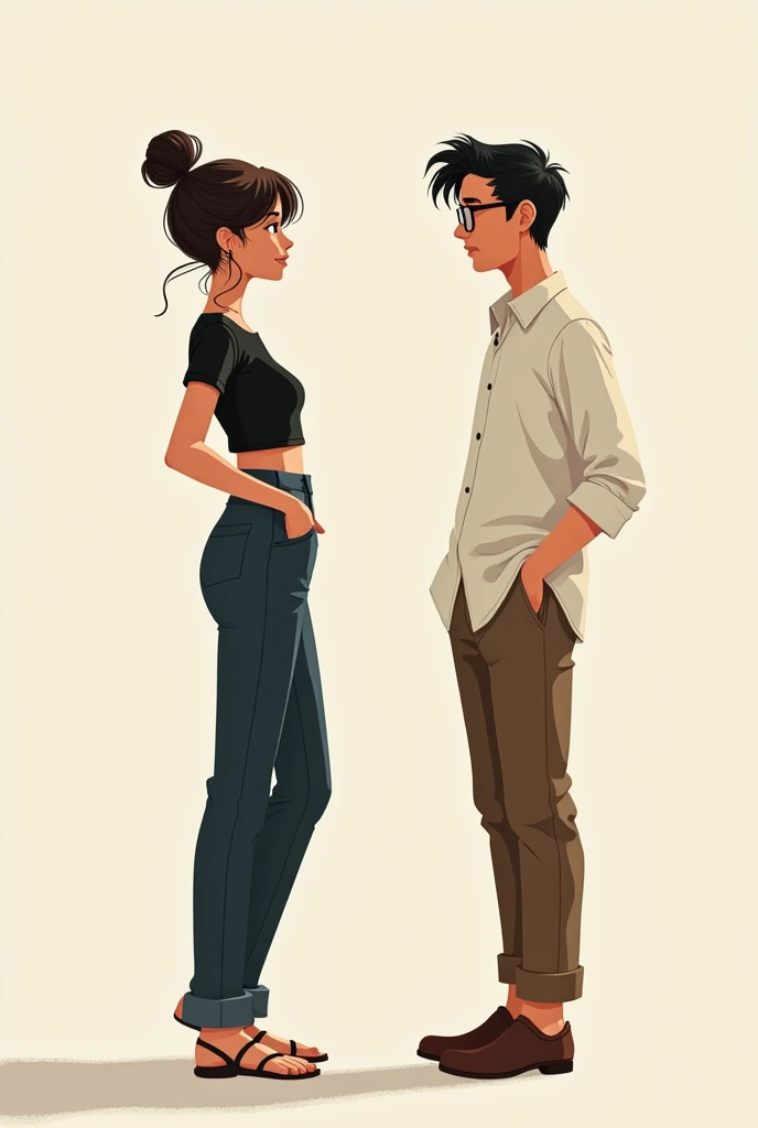 A tall little lush girl in dark blue trousers, a short black T-shirt, sandals, hair bun and a modest shy guy in a white shirt, glasses, brown trousers, brown shoes