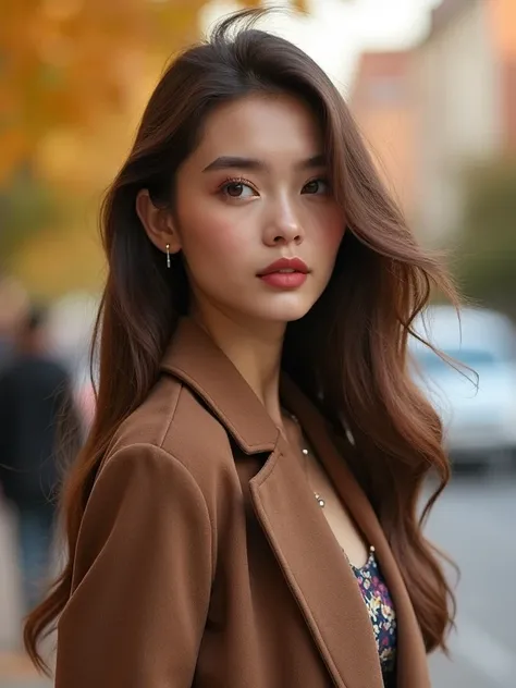 Portrait of beautiful woman walking on the street in autumn afternoon, autumn fashionable ladies, photorealistic, masterpiece, best quality, RAW photo, one girl, solo, long hair, brown hair, detail face , attractive face, medium breast, dynamic pose, looki...