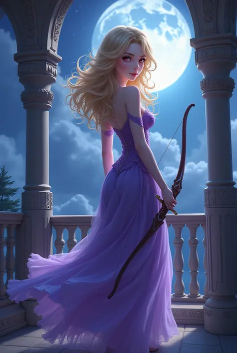 A girl with curly Gold hair and big breasts, taking a fantasy photo, beautiful faces, on the balcony  Palace at night..a princess make her white skin.. and looking at moon,Purple dress, Holding the bow and sword..Red eyes  anime Take a slightly further ang...