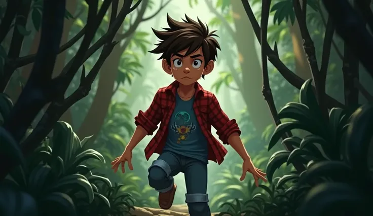 The atmosphere grows darker and denser as Arjun The character is a young boy aged 10 to 12 with spiky brown hair, wearing a red plaid shirt over a blue graphic T-shirt and rolled-up jeans. His alert expression and energetic posture show that he is quick-th...