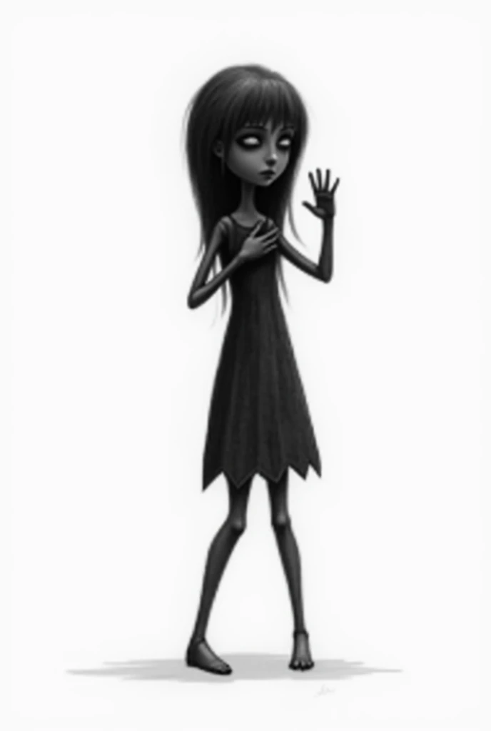  Black and white drawing Silhouette of a toothpick doll rises slowly, Still with her hand on her chest , but looking forward. Simple and expressive traits 