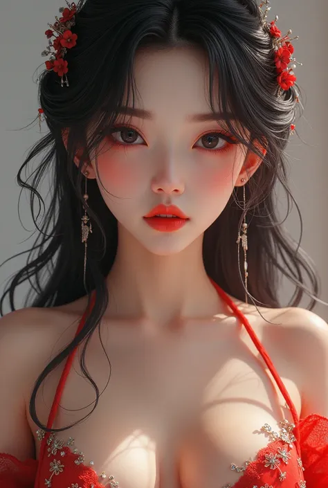 Create a chinese girl cute face  crystal eyes black red white hair big boobs big ass sexy luck red lips 