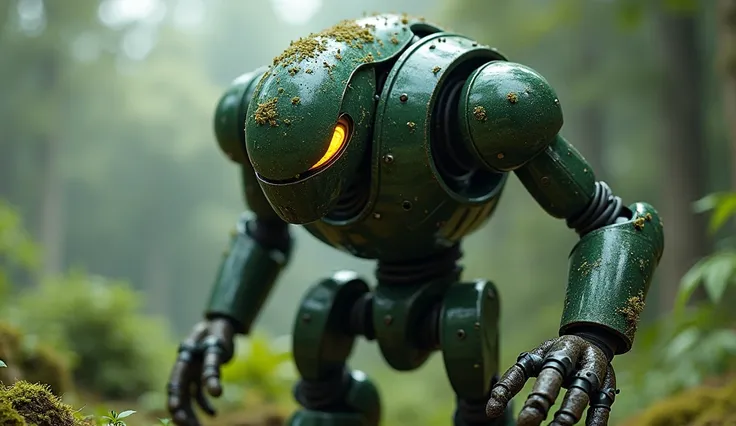  Realistic cinematic visual of a Geb robot — The Earths Guardian Robot 
"A robot with dark green armor covered with textures that mimic leaves and rocks.  Your legs look like metallic roots ,  that connect to the ground and extract energy from the earth . ...