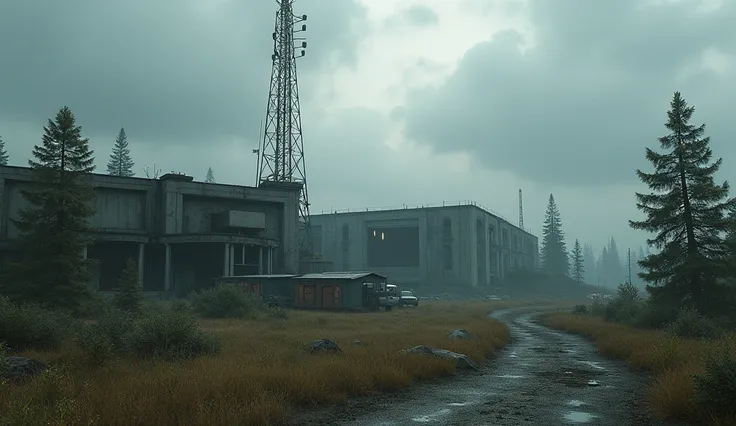 a secret military base in siberia, mysterious abandoned facility, overgrown with vegetation, crumbling concrete walls, rusted metal gates, eerie atmosphere, ominous clouds in the sky, abandoned vehicles, radio tower, atmospheric lighting, gritty texture, c...